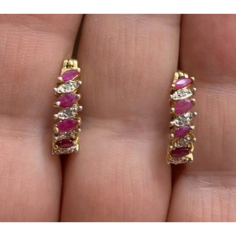 Vintage Ross Simons Gold Sterling Silver Ruby Diamond Huggie Hoop Earrings